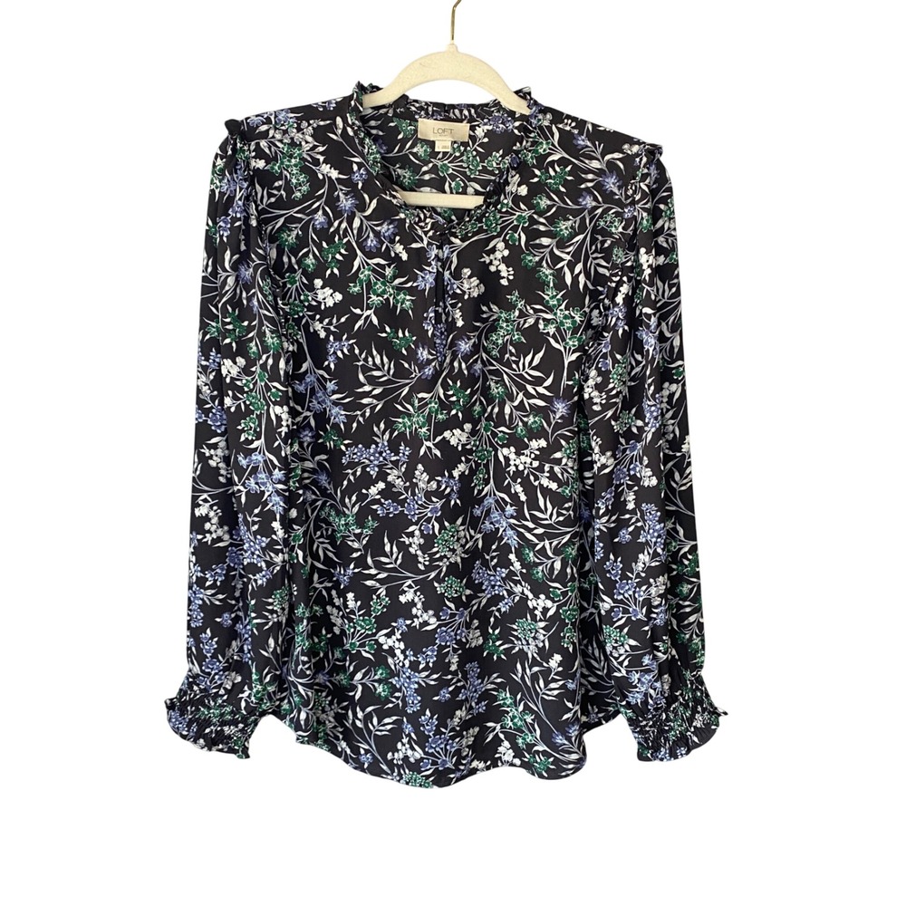 LOFT Outlet Womens‎ Floral Ruffle Neck Smocked Cuff Blouse Gray Green Blue Large